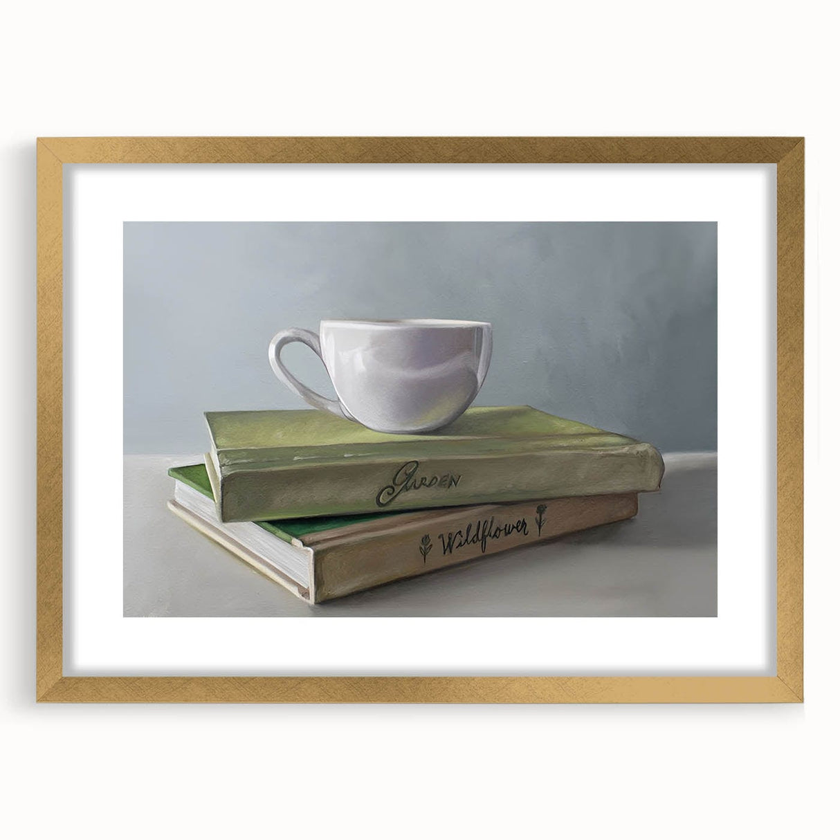 Extra large abstract art print with textured swirls in gold and white, framed with a gold mat, ideal for living room decor.