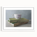 Abstract art print featuring swirling patterns in muted orange and teal, framed with a white mat.