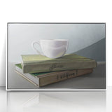 Mid-century modernist art featuring stylized food and drinks in vibrant colors on a white acrylic framed print.