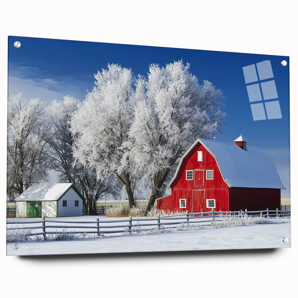 Side view of a landscape barn design printed on acrylic glass, showcasing vibrant colors and sharp details, mounted with pins for easy display.