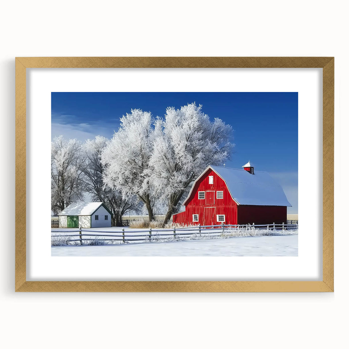 Landscape barn frame with a gold mat, showcasing a modern art piece that highlights natural tones and textures, perfect for enhancing home decor aesthetics.