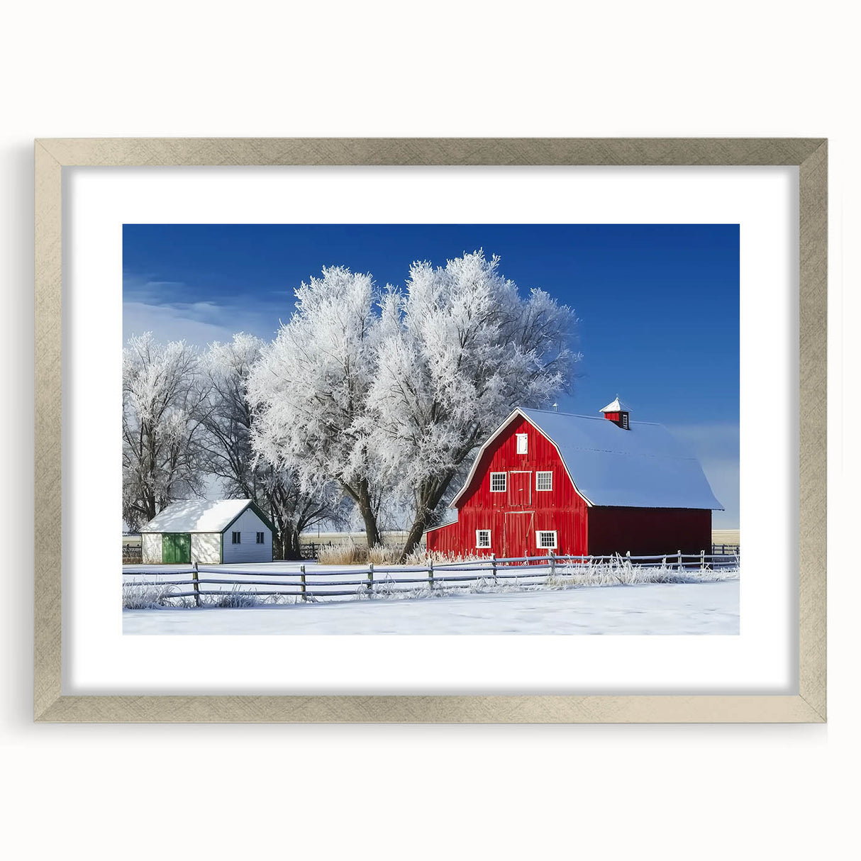 Elegant landscape barn frame with a silver mat, showcasing a beautiful front view design. Ideal for enhancing home decor and artistic displays.