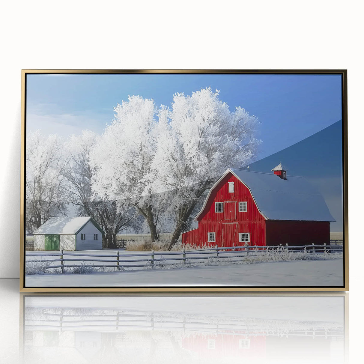 Landscape-oriented barn framed acrylic art piece featuring a gold-hued design, perfect for modern home decor, showcasing elegance and sophistication. This unique artwork adds a touch of luxury to any room, enhancing aesthetic appeal and creating a warm atmosphere.
