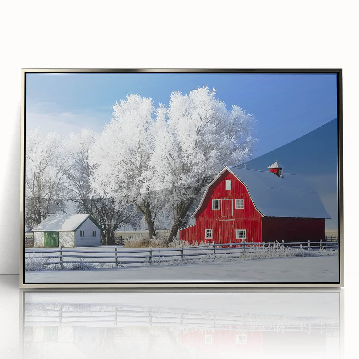 Main view of a landscape acrylic print featuring a silver barn design, elegantly framed, showcasing a modern rustic aesthetic ideal for home decor.