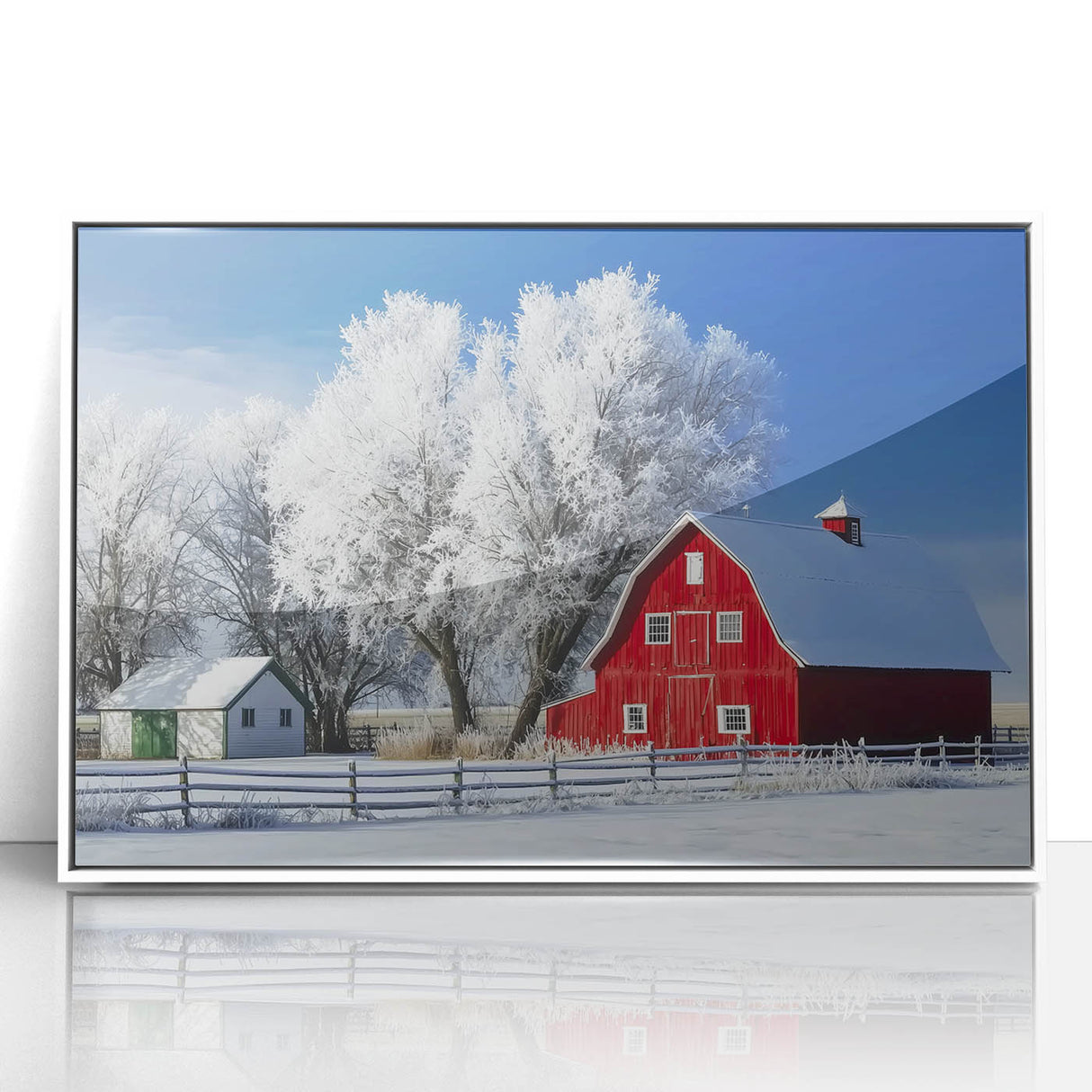 Landscape barn-style framed acrylic artwork featuring a white frame and vibrant colors, ideal for rustic home decor. Perfect for enhancing living spaces with a modern touch.