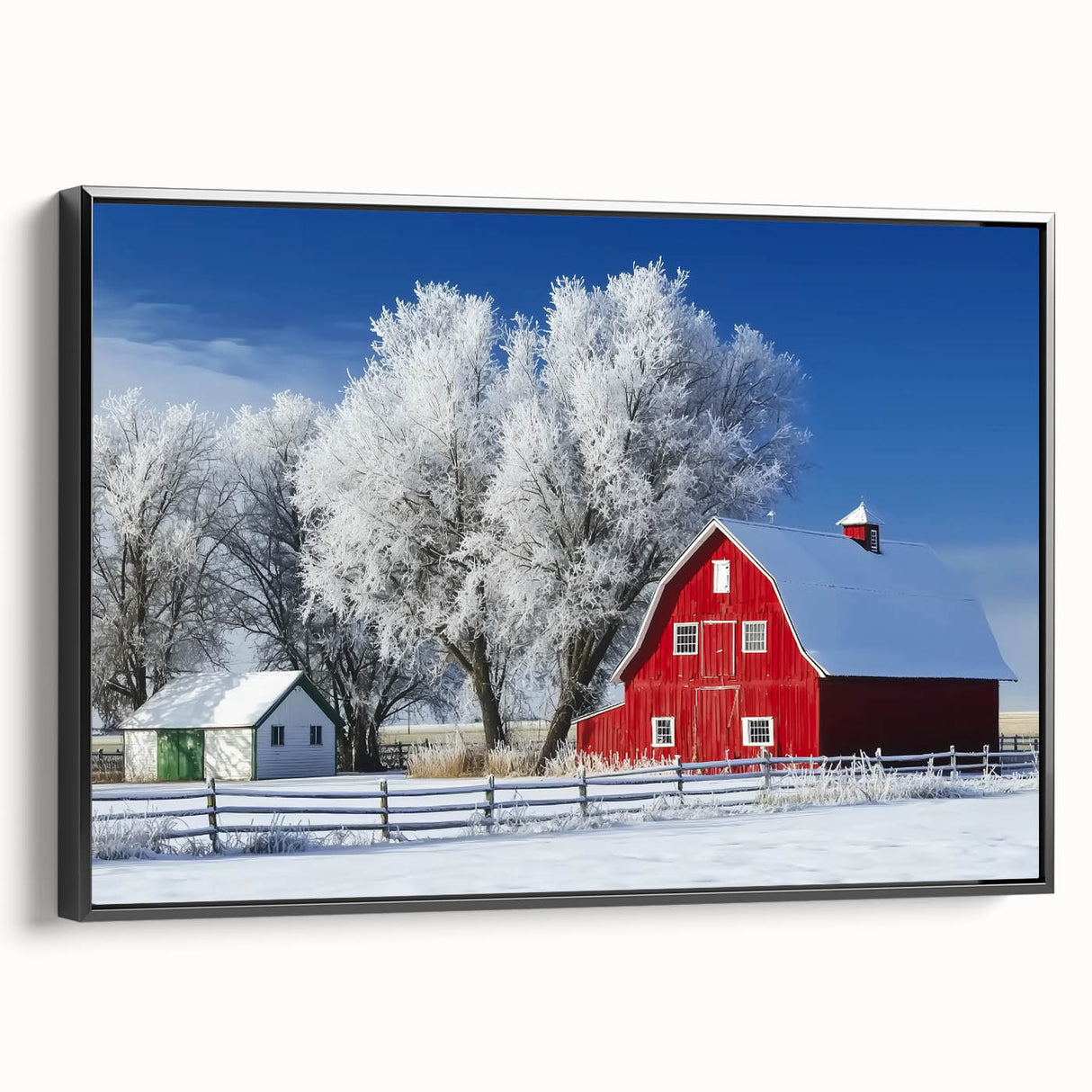 Landscape barn-framed canvas print showcasing a rustic design with a black frame, ideal for home decor. The image highlights the textured surface and elegant side view, making it perfect for enhancing living spaces.