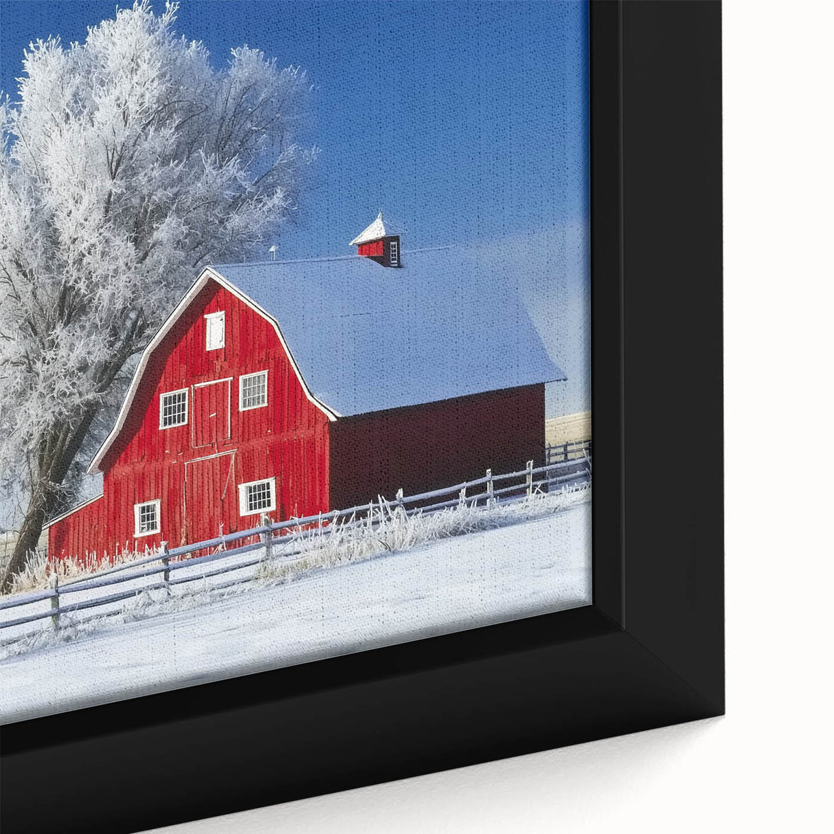 Close-up of a landscape barn-themed framed canvas showcasing vibrant colors and intricate details, ideal for rustic home decor or art enthusiasts.