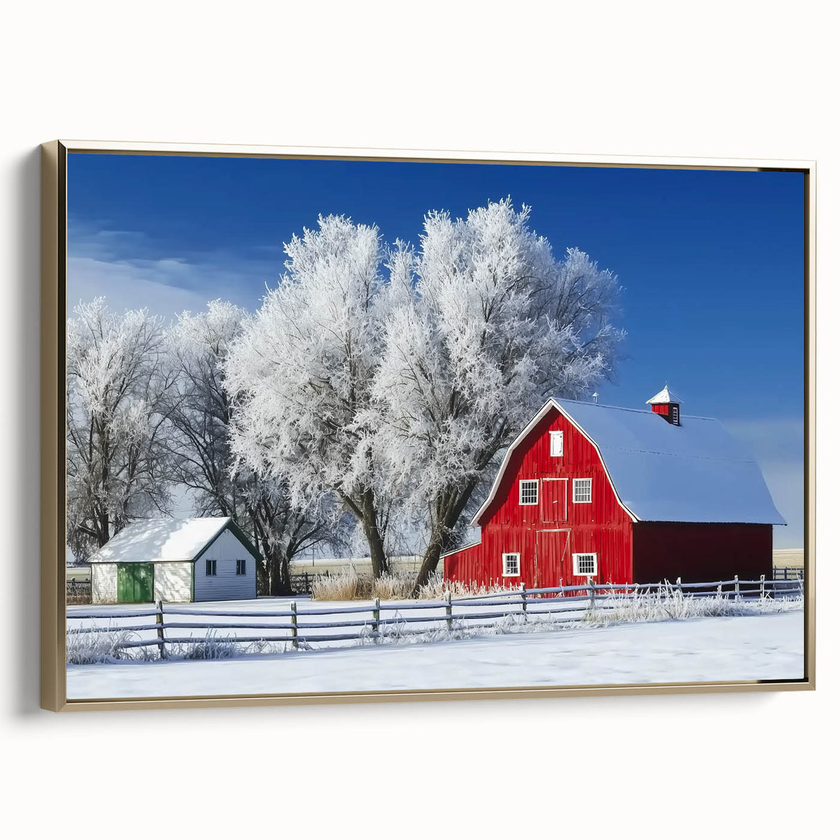 Landscape canvas art featuring a barn scene framed in gold, showcasing intricate details and rich colors, ideal for rustic home decor or gallery display.