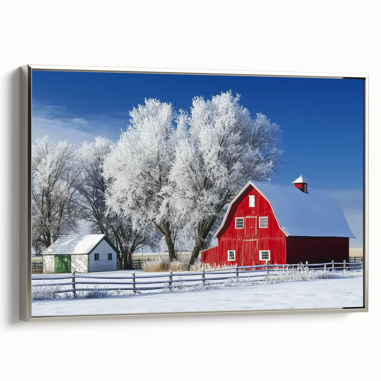 Landscape barn-framed canvas art showcasing a serene rural scene with vibrant colors and intricate details, highlighting the silver frame and rich textures. This artwork adds a rustic charm to any decor, perfect for nature enthusiasts and art collectors alike.