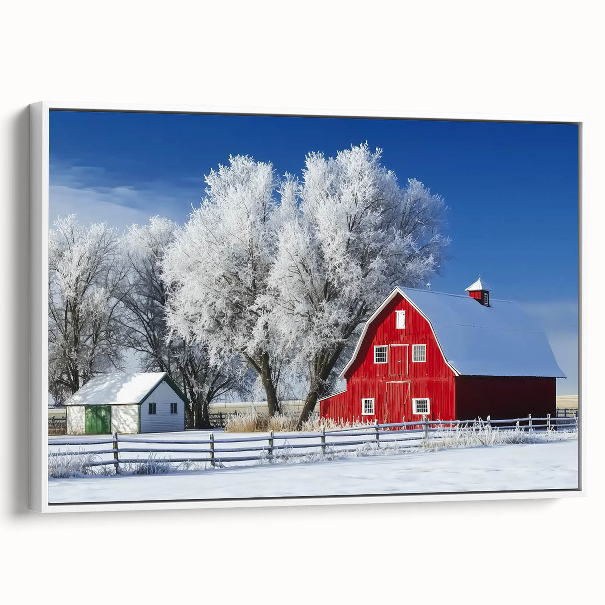Landscape barn-framed canvas artwork showcasing a rustic scene with a white frame, ideal for home decor. The image highlights the frame's details and craftsmanship.