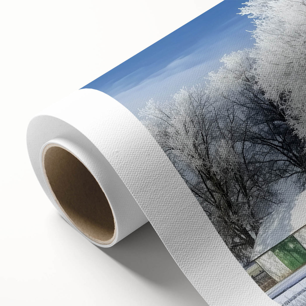 Landscape barn-themed rolled canvas art showcasing tranquil rural scenery, featuring lush green fields and a rustic barn under a clear blue sky, elegantly packaged in a protective cardboard tube. Perfect for enhancing home decor with a touch of countryside charm.