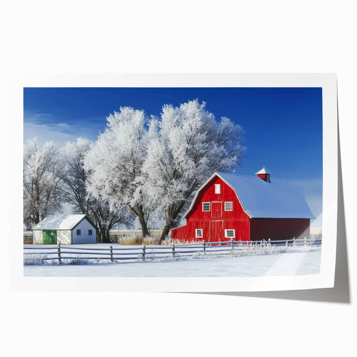 Rolled print showcasing a tranquil landscape of a rustic barn surrounded by lush greenery, elegantly packaged in a protective cardboard tube for shipping.