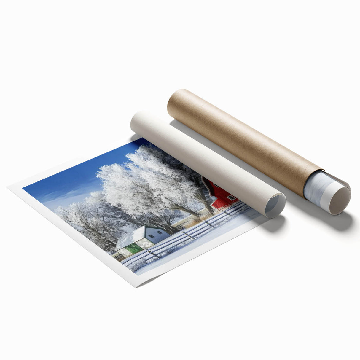 Rolled landscape barn print showcasing a rustic barn surrounded by vibrant green fields, packaged securely in a protective cardboard tube for safe delivery.