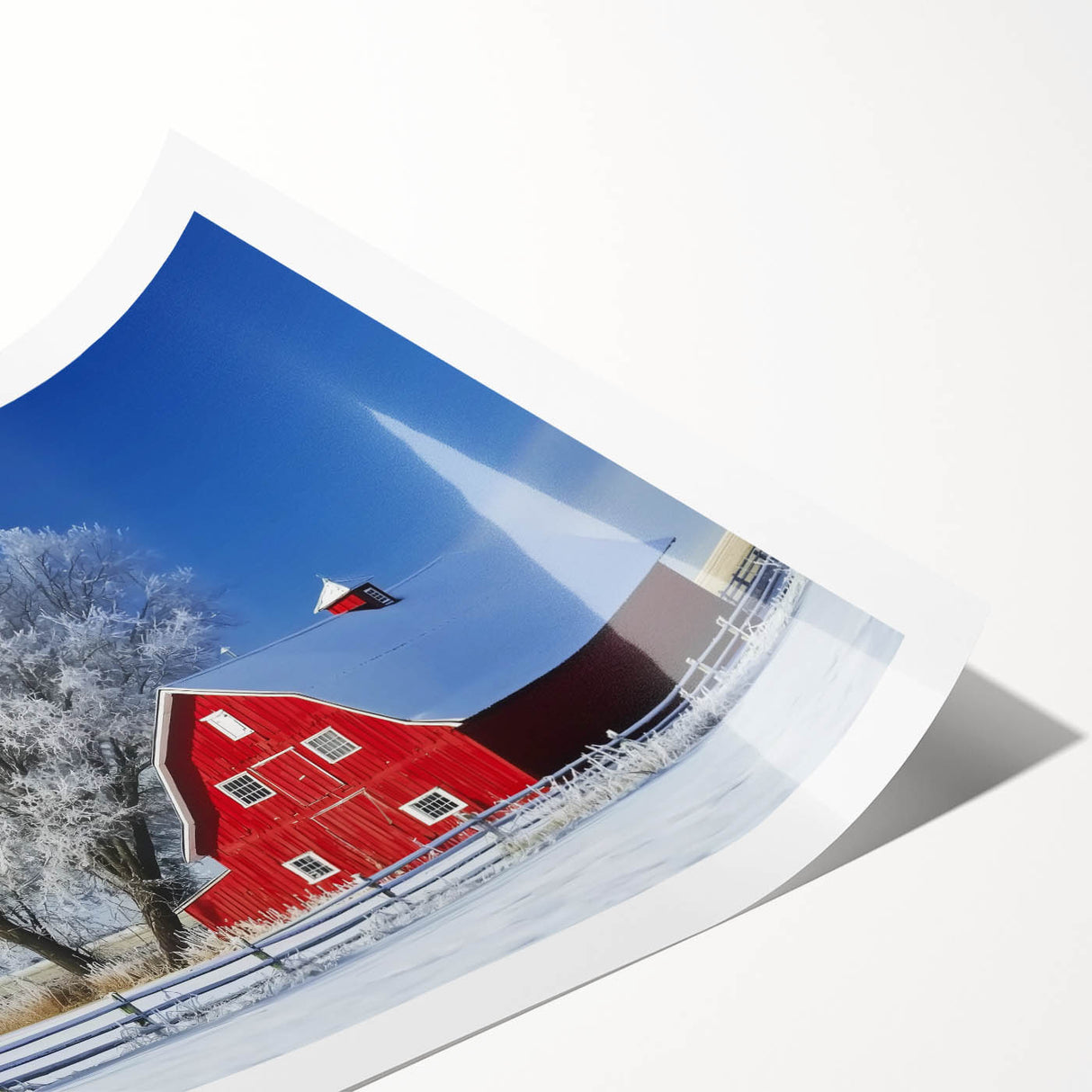 Rolled landscape canvas print featuring a serene barn scene with vibrant colors, packaged securely in a durable cardboard tube for safe shipping and display. Perfect for rustic home decor enthusiasts.