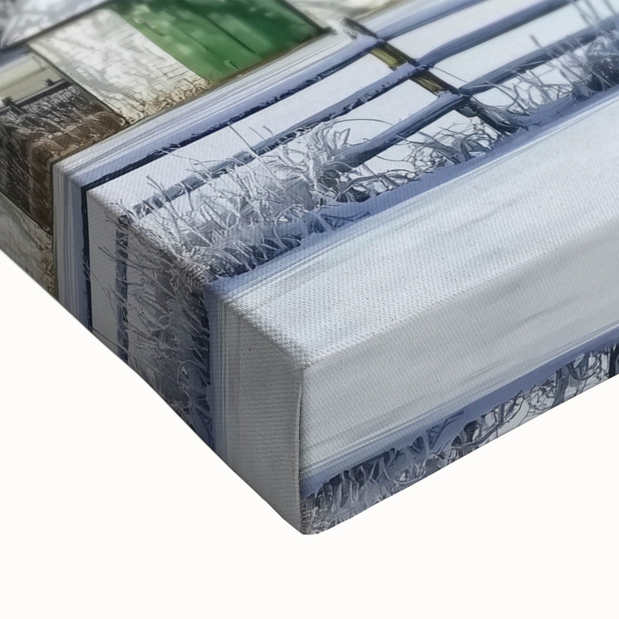Close-up of a stretched canvas featuring a vibrant barn landscape design, highlighting rich colors and detailed textures, ideal for home decor enthusiasts.