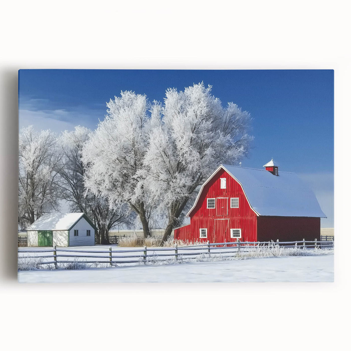 Landscape canvas print showcasing a vibrant barn scene with a rustic aesthetic, featuring rich colors and detailed textures, perfect for home decor or art collection.