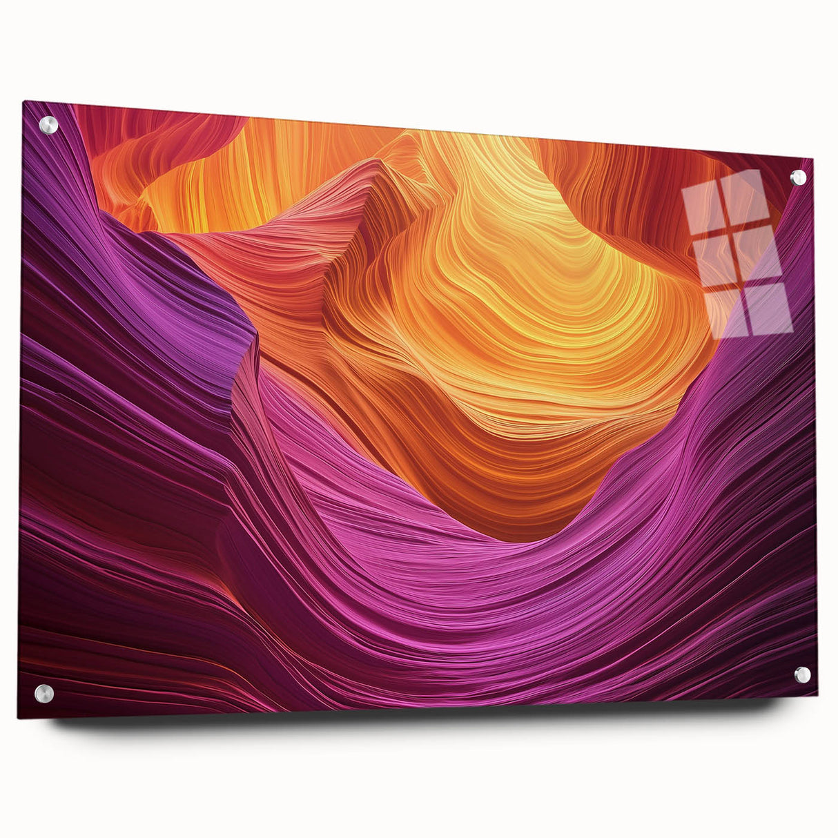 Landscape acrylic glass artwork depicting vibrant canyons with rich colors, showcased from a side view and secured with decorative pins, perfect for modern decor.