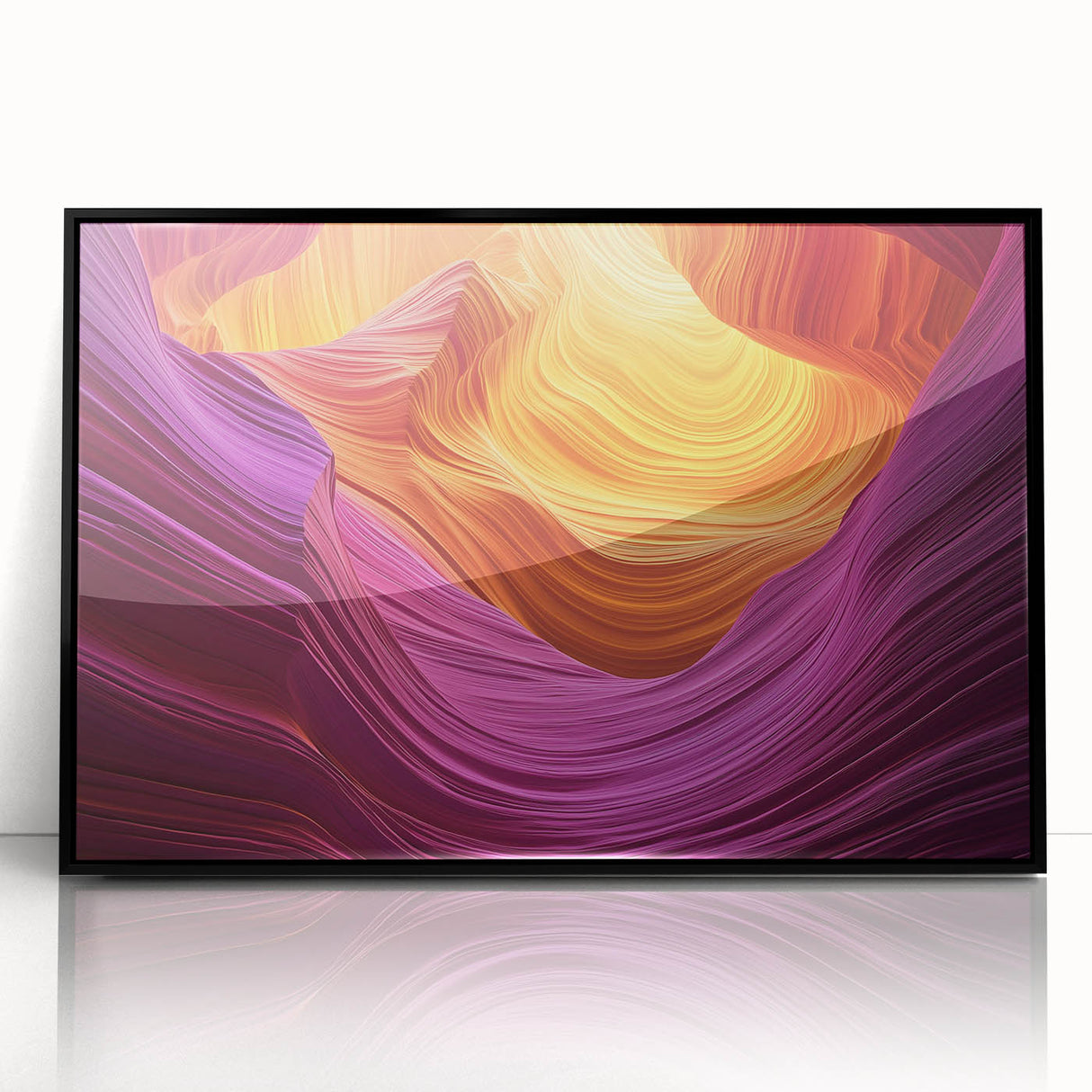 Framed acrylic artwork depicting a vibrant landscape of canyons, featuring rich earth tones and dramatic rock formations, ideal for home decor and nature enthusiasts.