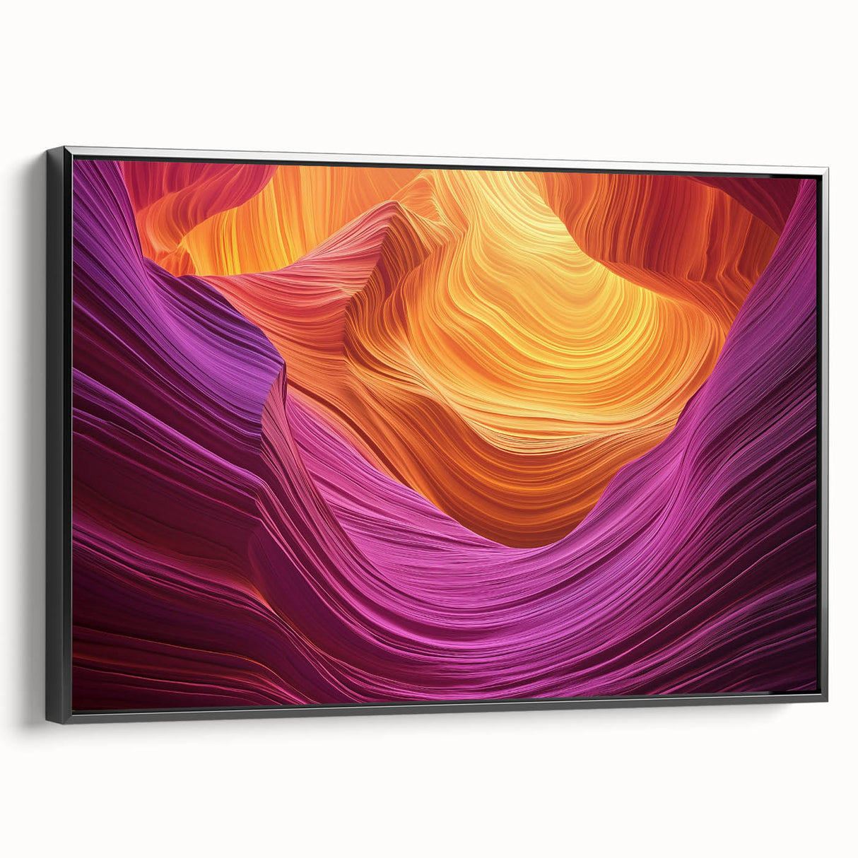 Framed canvas artwork showcasing a stunning landscape of canyons in rich earth tones, featuring a sleek black frame, perfect for home décor enhancement.