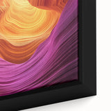 Close-up view of a framed landscape canvas depicting vibrant canyons with rich textures and warm colors, enhancing any modern decor with natural beauty. This artwork adds a striking focal point to living spaces.