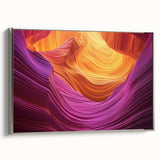 Framed canvas artwork depicting a stunning landscape of canyons, showcasing rich earth tones and intricate details, with a sleek silver frame enhancing its elegance. Ideal for modern home decor.