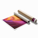 Landscape rolled print showcasing vibrant canyons in warm earth tones, beautifully packaged in a protective cardboard tube, ideal for home decor.