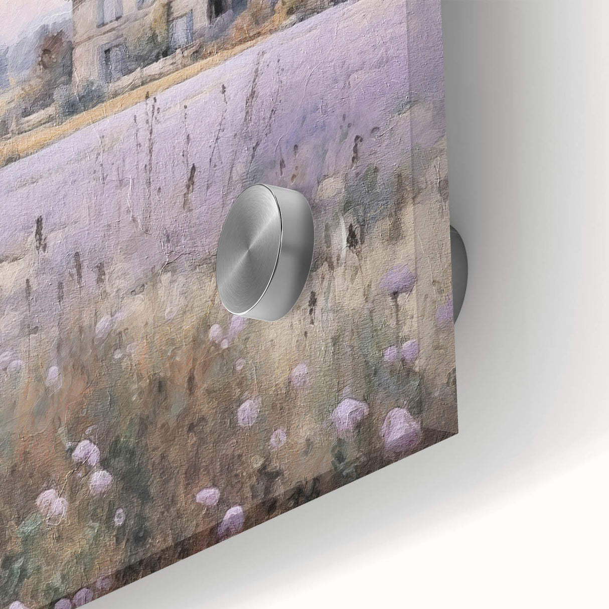 Close-up of a vibrant landscape wall art print showcasing a serene countryside scene, featuring lush green fields and a colorful sky, designed for acrylic glass display. Perfect for enhancing home decor with a touch of nature's beauty.