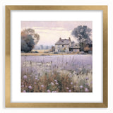 Framed landscape wall art depicting a serene countryside scene, featuring vibrant green fields and a clear blue sky, elegantly presented with a gold mat and frame.