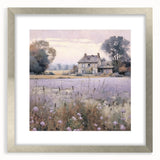Framed landscape wall art featuring a serene countryside scene with lush greenery and a silver mat, ideal for home decor in living spaces or offices.