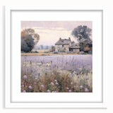 Framed landscape wall art showcasing a serene countryside scene with lush greenery and a clear blue sky, presented in a classic white mat and frame. Perfect for home decor.