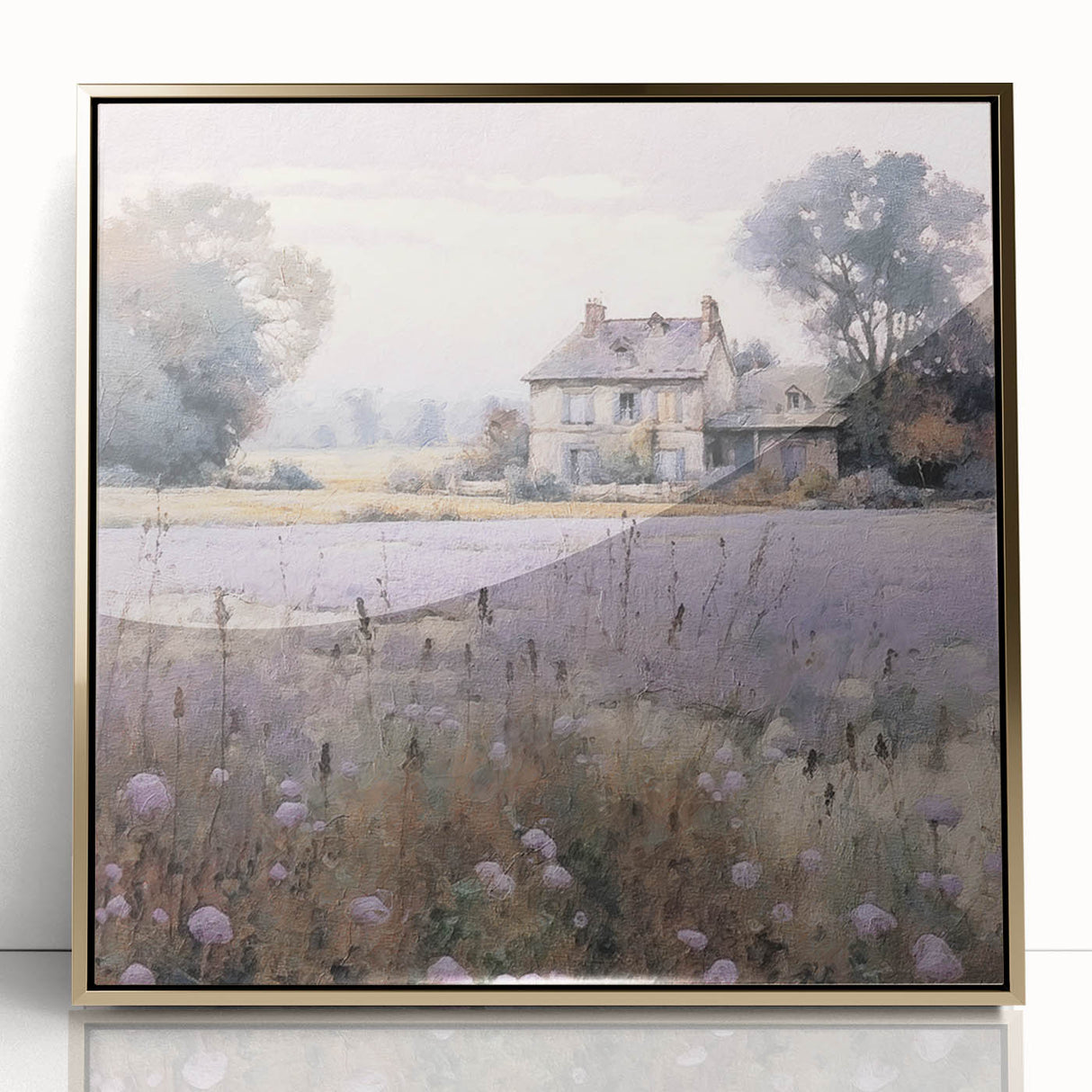 Framed acrylic wall art depicting a serene countryside landscape with lush green fields and golden accents, perfect for home decor.