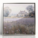 Framed acrylic wall art showcasing a serene countryside landscape, featuring lush green fields and a tranquil sky, elegantly displayed in a sleek silver frame.