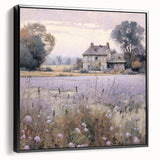 Framed landscape wall art depicting a serene countryside scene, featuring vibrant green fields and a clear blue sky, showcased in a sleek black frame.