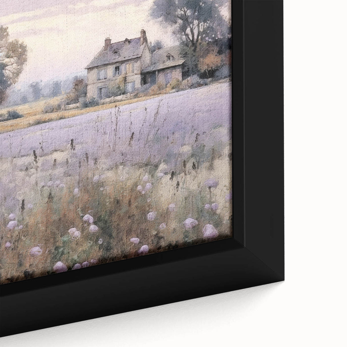 Close-up of a framed landscape wall art featuring a serene countryside scene with lush greenery and soft blue skies, perfect for home decor.