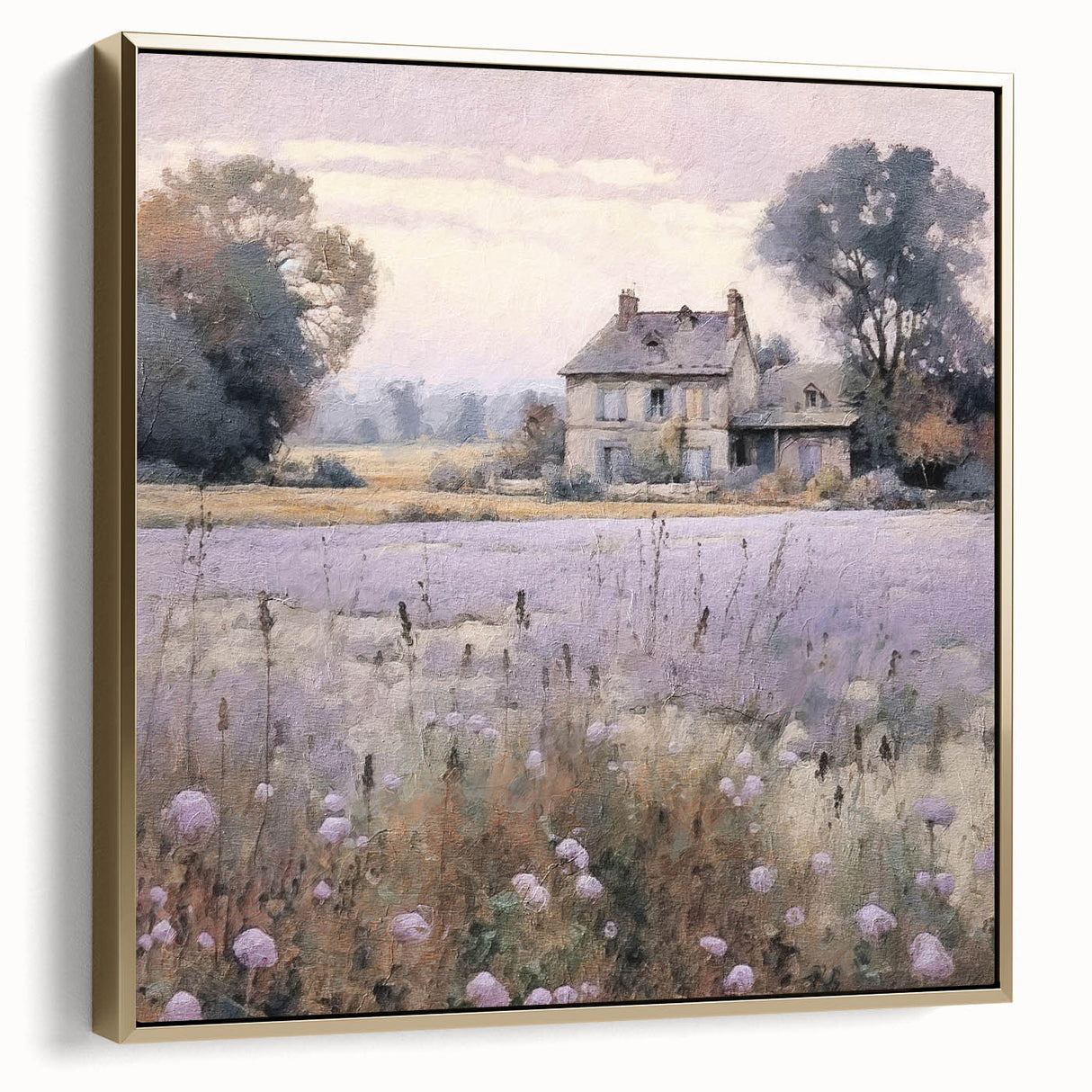 Framed landscape wall art depicting a serene countryside scene with vibrant green fields and a dramatic sky in silver and gold tones, perfect for home decor.