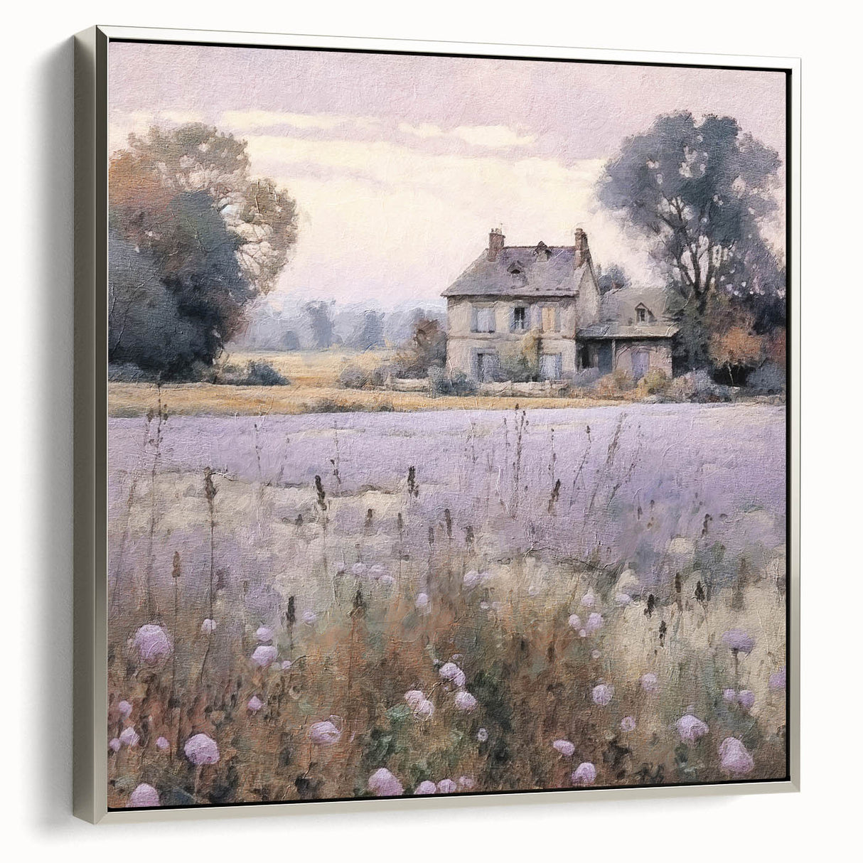 Framed silver wall art depicting a serene countryside landscape, showcasing lush greenery and rolling hills, perfect for enhancing home decor aesthetics.