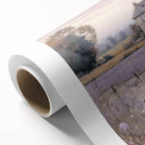 Landscape wall art on rolled canvas showcasing a serene countryside scene with lush greenery, vibrant sky, and rolling hills, perfect for home decor.