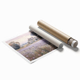 Landscape countryside wall art print showcasing vibrant green fields and rolling hills under a bright blue sky, rolled and ready for display or framing.