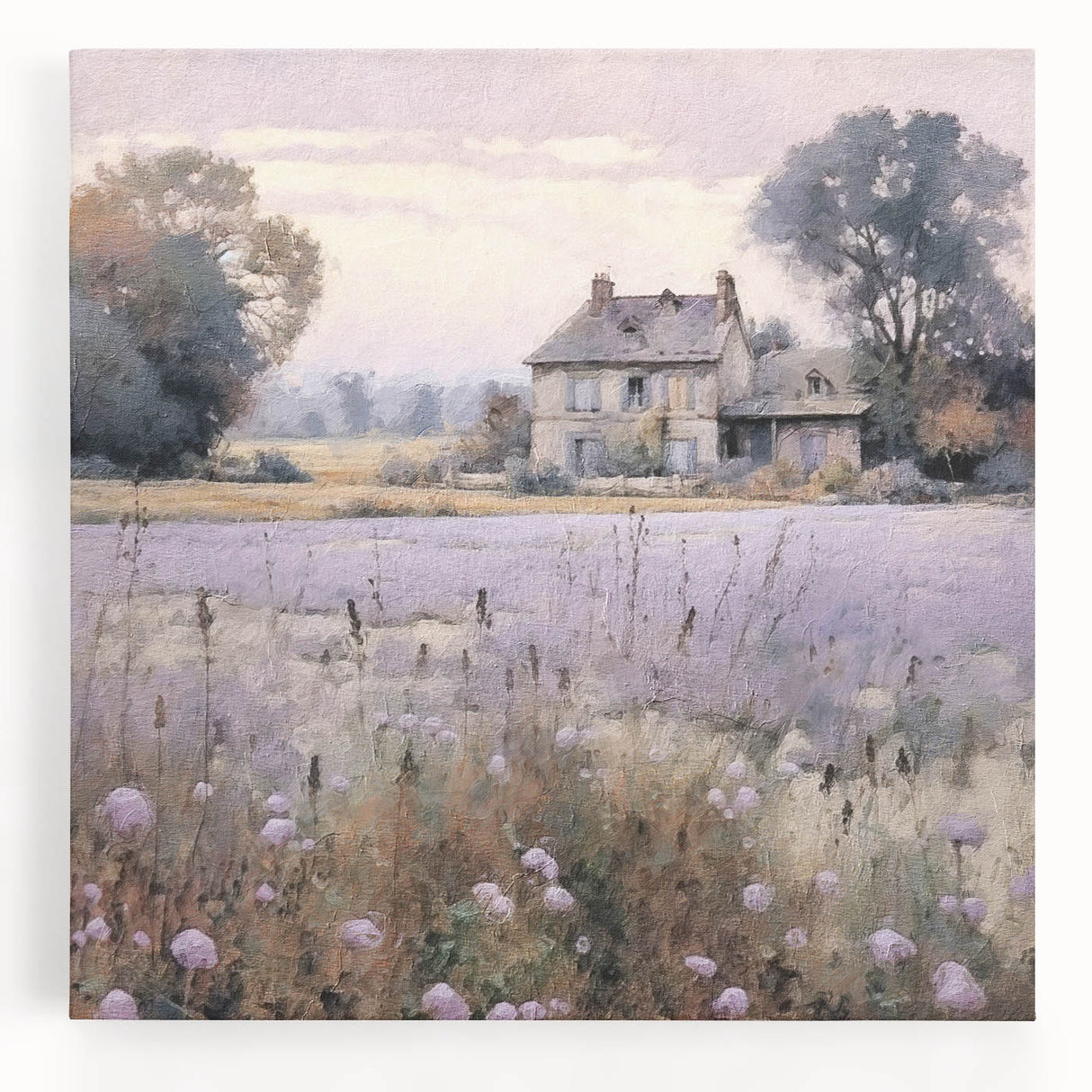 Stretched canvas artwork depicting a serene countryside landscape with rolling hills, vibrant greenery, and a tranquil sky, ideal for home decor and nature enthusiasts.
