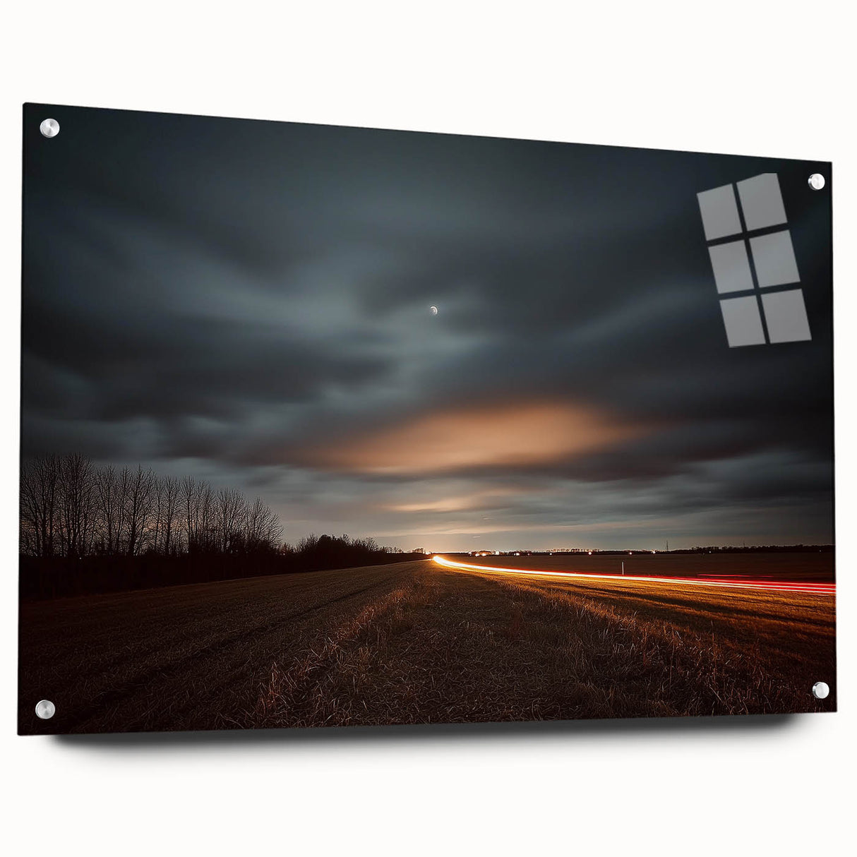 Acrylic landscape artwork depicting a serene countryside scene with vibrant green fields and a bright blue sky, displayed in a glass frame from a side view, showcasing its elegant design and modern aesthetic.
