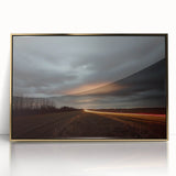 Framed acrylic artwork showcasing a serene countryside landscape with vibrant green fields, golden sunset, and rustic farmhouse, perfect for home decor.