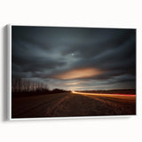 Framed canvas print of a serene countryside landscape featuring rolling hills and lush greenery, displayed in a sleek white frame, ideal for home decor.