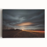Stretched canvas artwork depicting a serene countryside landscape with rolling hills, vibrant green fields, and a clear blue sky, ideal for home decor.