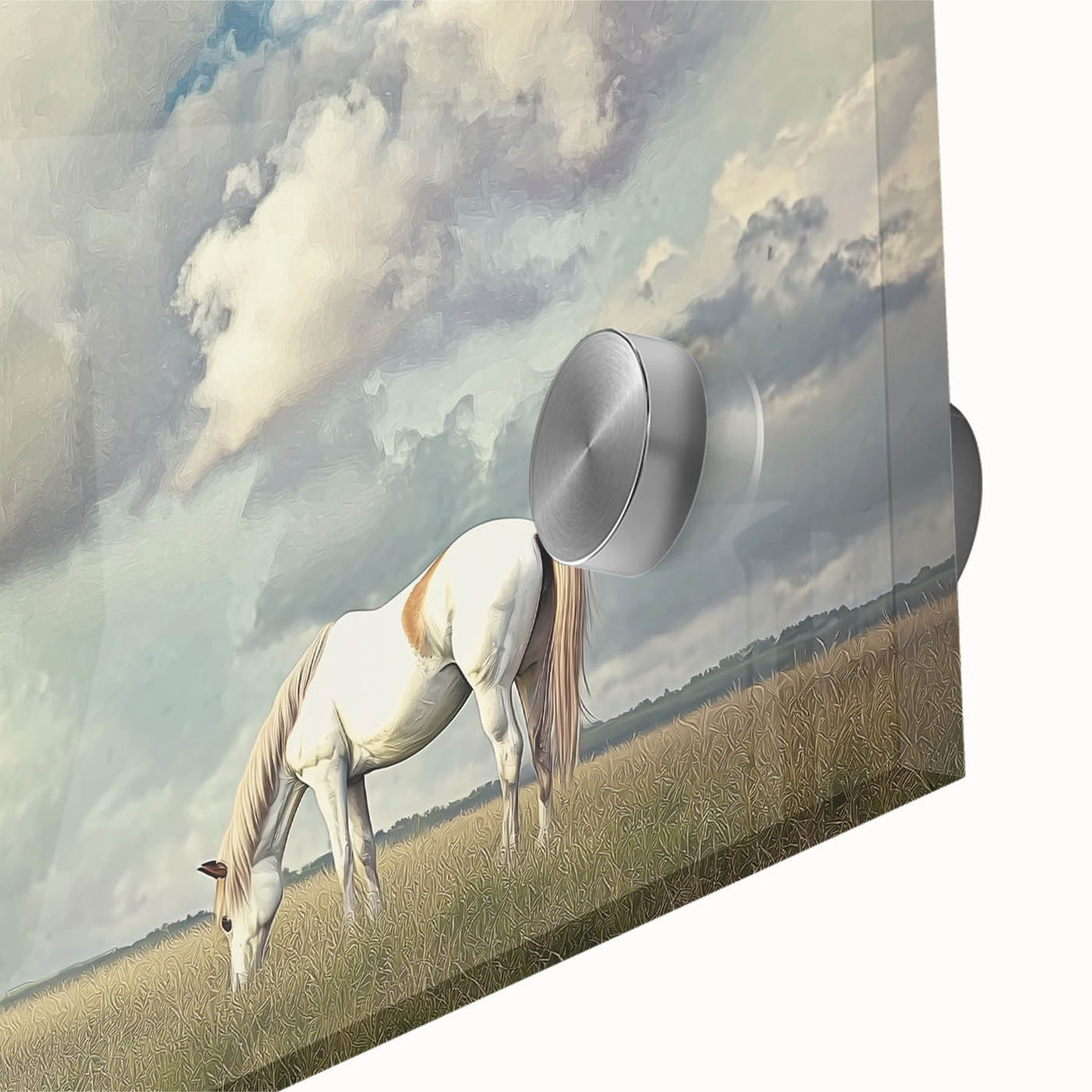 Close-up of a vibrant acrylic landscape artwork depicting lush green fields under a clear blue sky, showcasing intricate details and textures, ideal for home decor.