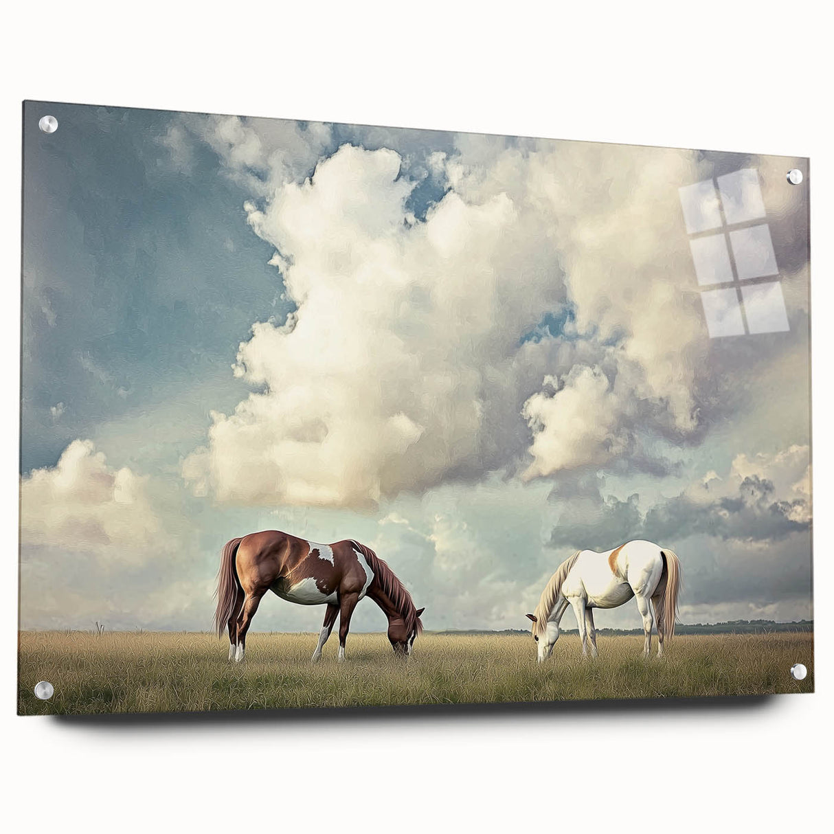 Acrylic glass panel showcasing a vibrant landscape design with lush green fields and a clear blue sky, featuring decorative pins for easy display in a modern setting.