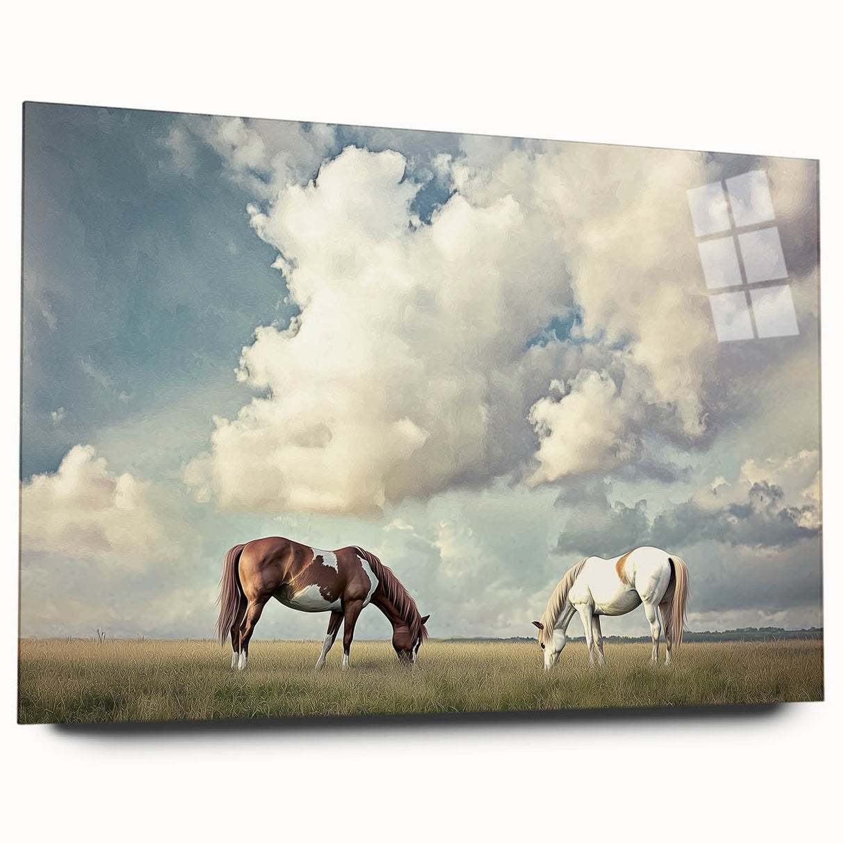 Acrylic glass display showcasing a vibrant landscape field scene, featuring lush green grass and a clear blue sky, presented in a side view without pins. Perfect for modern decor.
