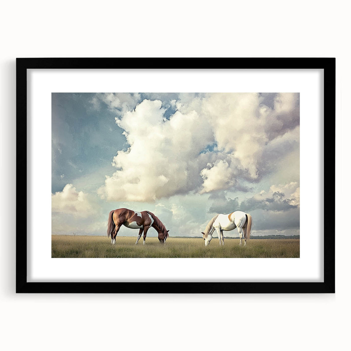 Framed black landscape artwork featuring a serene field scene with a white mat, perfect for home decor. Ideal for modern and minimalist interior design.