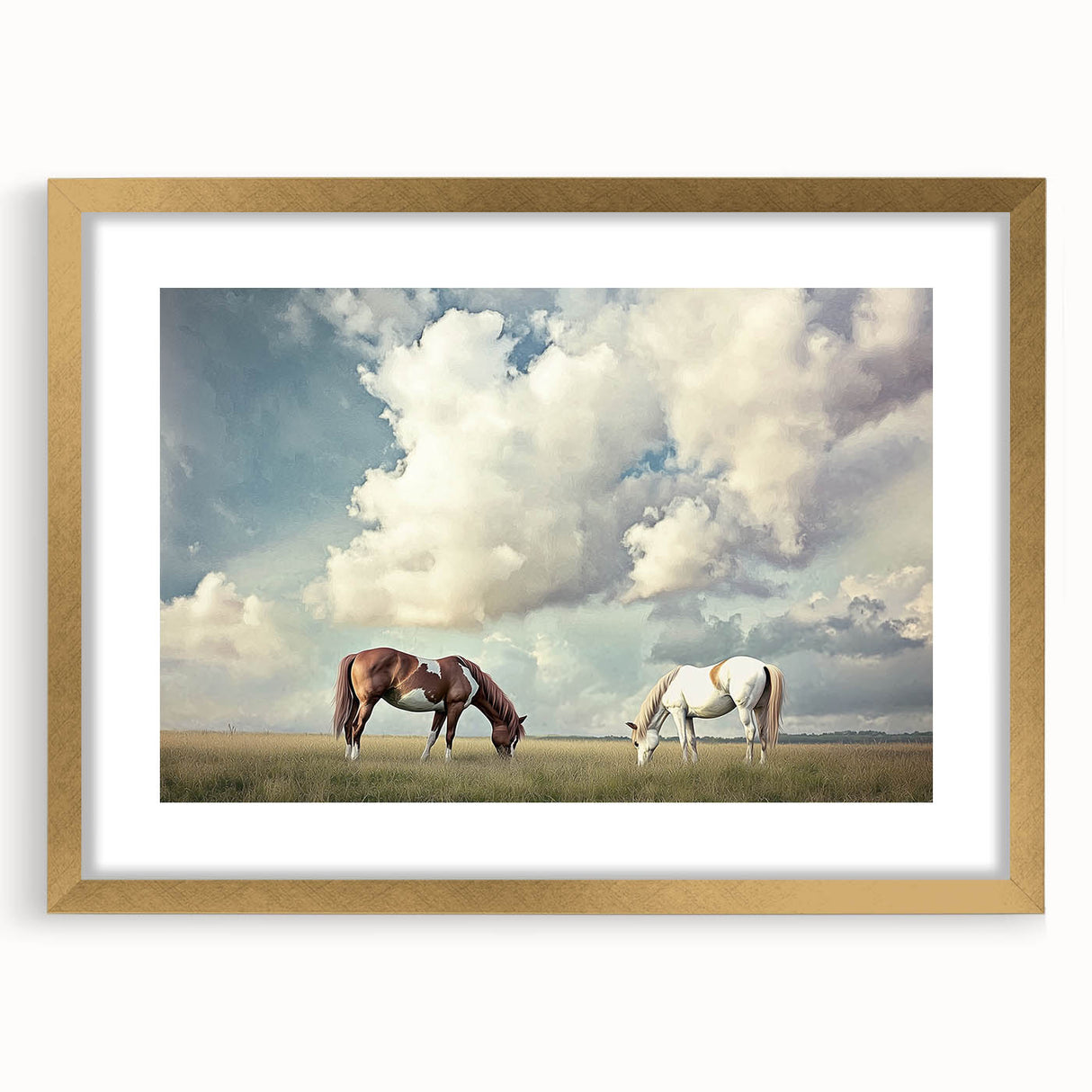 Elegant gold-framed landscape artwork featuring vibrant green fields under a bright blue sky, designed with a mat for a sophisticated finish. Perfect for home decor.