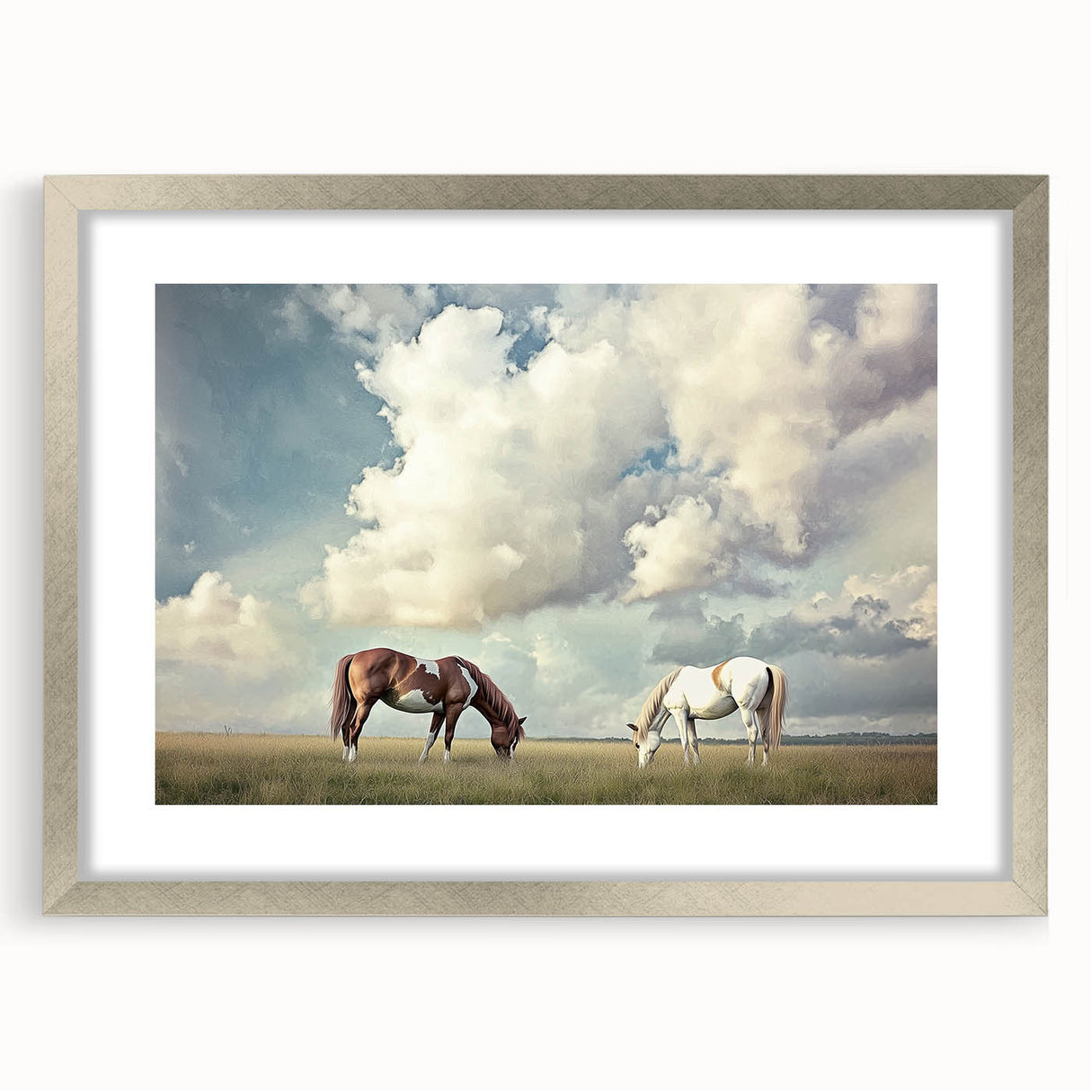 Elegant silver-framed landscape artwork with a mat, showcasing a serene field scene. Perfect for enhancing home decor with a touch of sophistication and nature.
