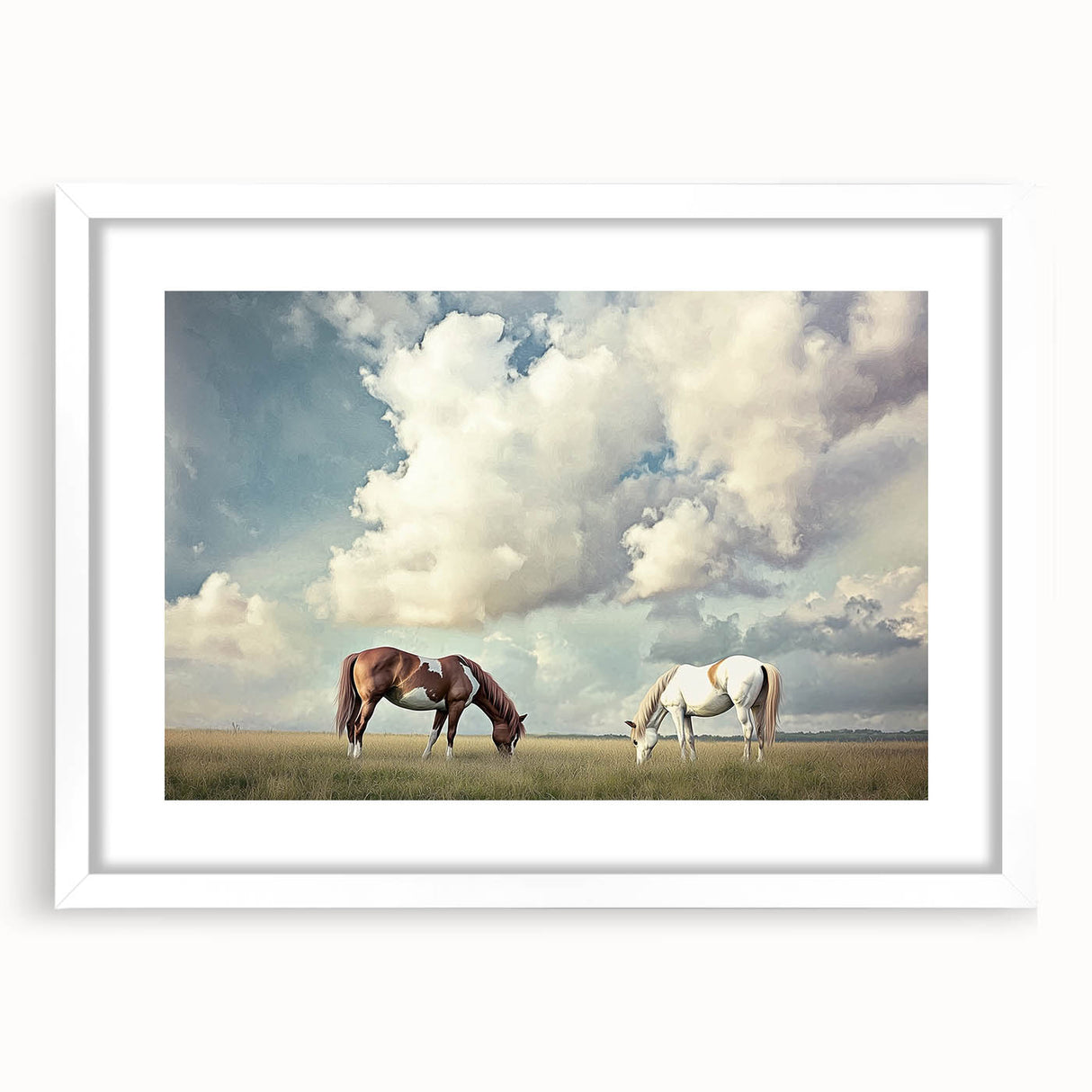 Framed landscape artwork featuring vibrant green fields and a serene blue sky, presented in a stylish white mat, perfect for enhancing home decor.